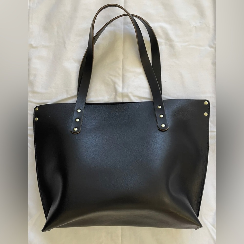 New Bison Black Leather Tote Purse Laptop Travel Bag Brass Detail $330 Original